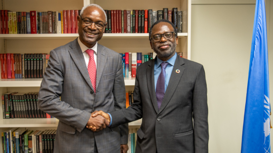 UNCCD Executive Secretary Ibrahim Thiaw and UNU Rector Prof. Tshilidzi Marwala shaking hands next to the UN flag